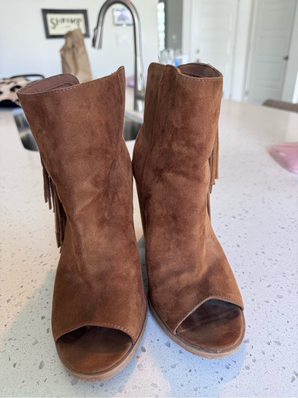 DV by Dolce Vita Brown Suede Fringe Peep-Toe Wedge Booties - Picture 5 of 5